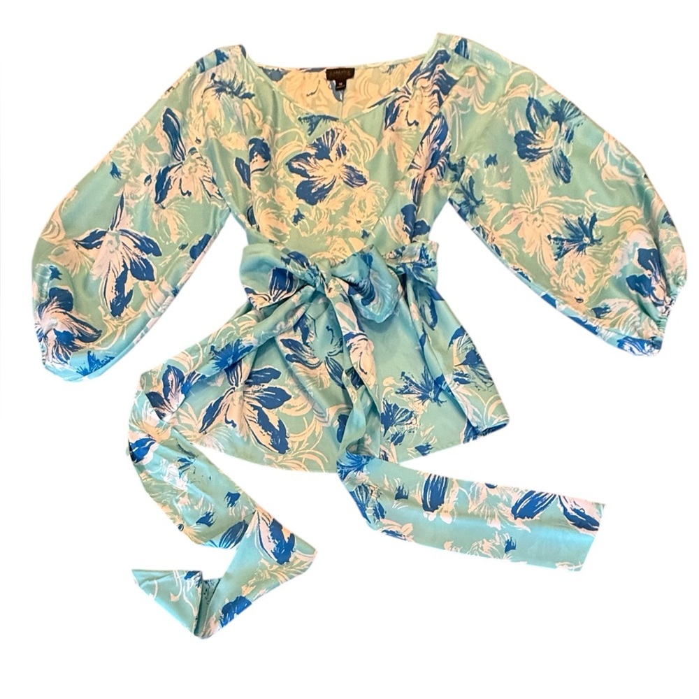 NWT Carlisle Floral Blue/White 100% Silk Blouse w/ scarf belt Size 12/Large $498